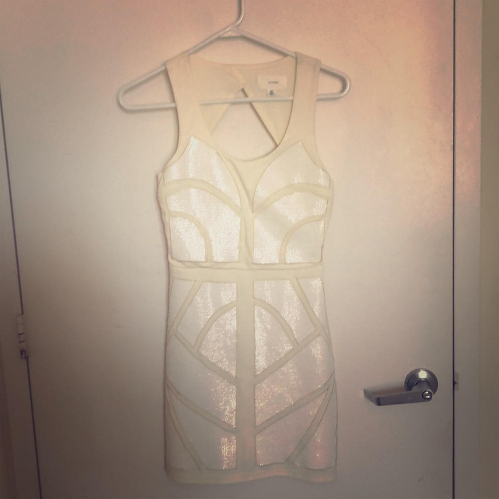 EnCreme cream party dress w sequins & keyhole back